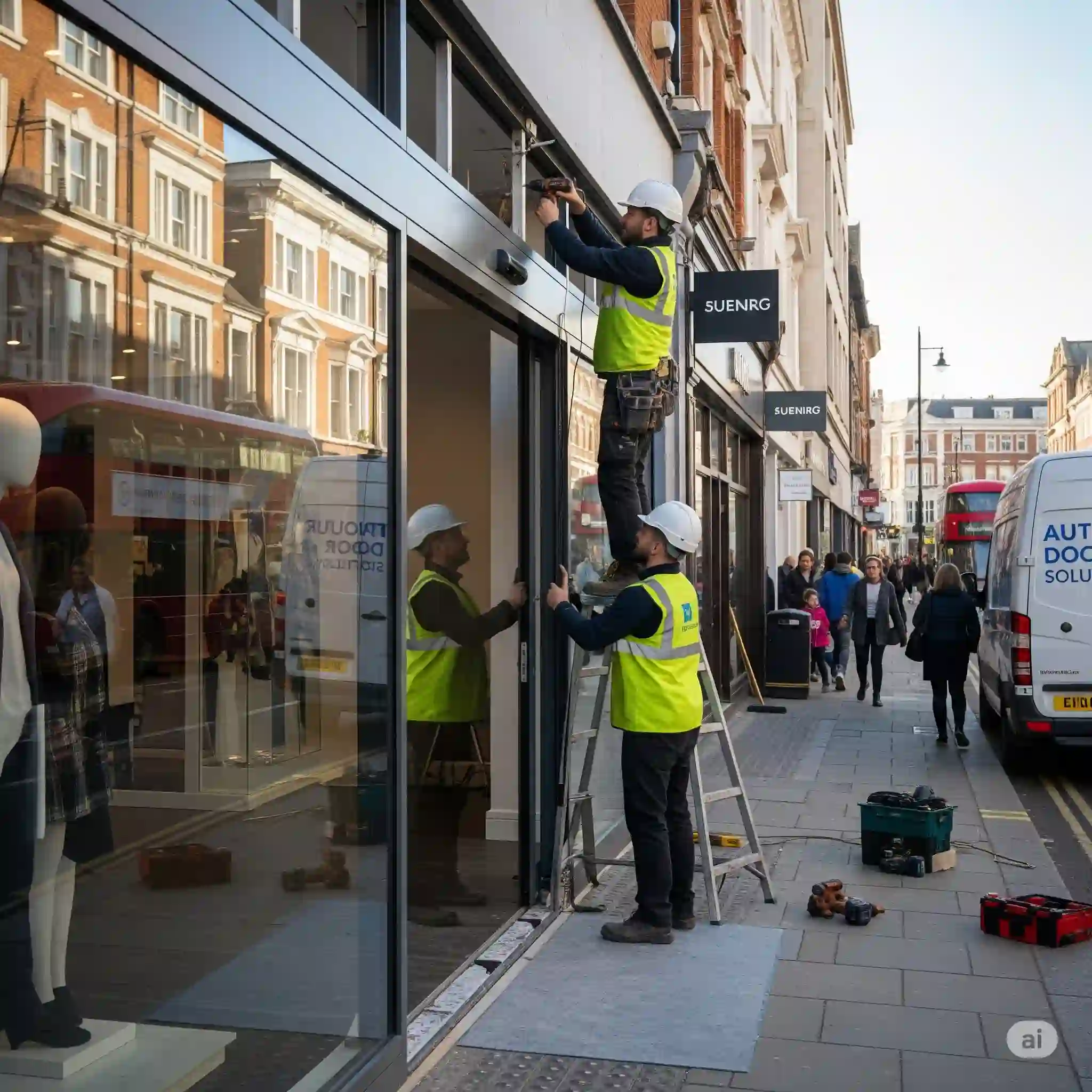 Professional engineer repairing an automatic door in a Sittingbourne building